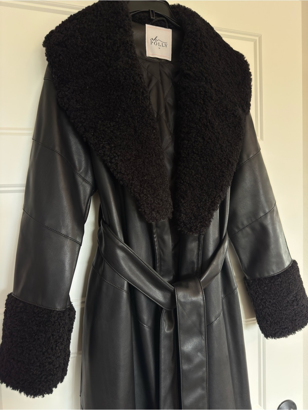 Oh Polly Black Faux Leather Trench with Sherpa Collar
